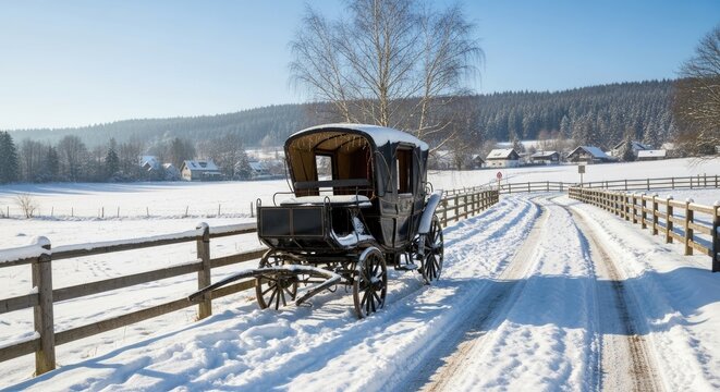A black horse-drawn carriage travels along a snowy path. The carriage is positioned on a winter landscape with a fence and trees in the background.