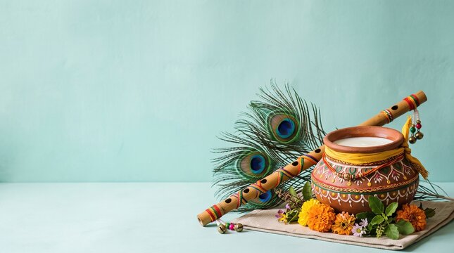 Decorated clay pot filled with curd alongside bamboo flute and peacock feathers on light blue background, janmashtami festival celebration, indian tradition.