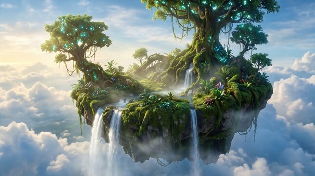A magical floating sky island covered in dense green trees and a flowing waterfall, suspended high above a sea of clouds in a dreamlike utopian setting.