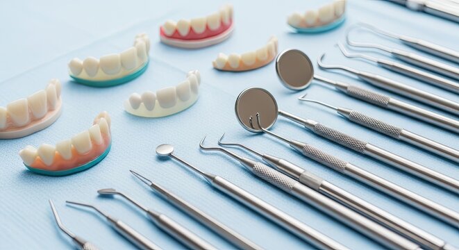 A dental professional arranges a set of artificial teeth and dental instruments on a light blue surface.