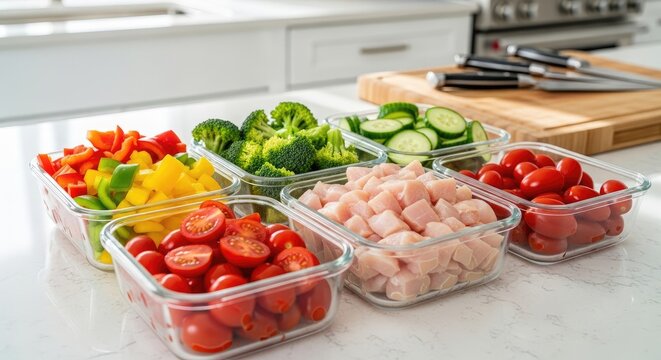 A person is preparing a healthy meal by dividing fresh vegetables into clear containers.