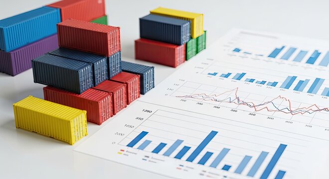 Several colorful shipping containers are stacked in a pile on a white surface. A graph with a line chart and bar graphs is placed in front of the containers.