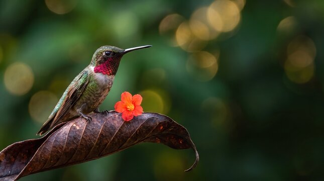 Ruby throated hummingbird perching on dry leaf beside small red flower with golden bokeh background, natural wildlife photography, bird macro close up.