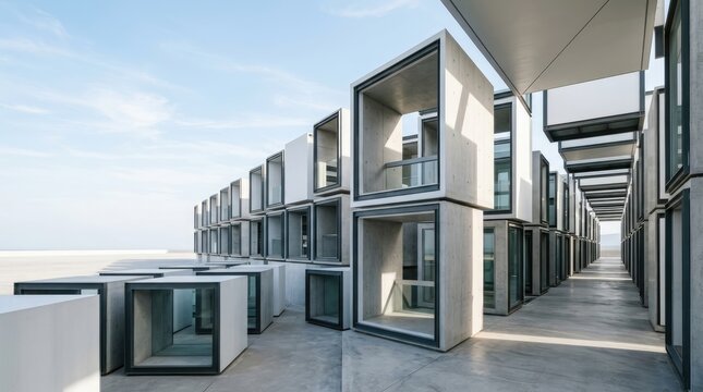 A long, linear building complex features stacked, cube-shaped modules with large rectangular windows. The structure is constructed from concrete and exhibits a minimalist, modern aesthetic.