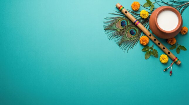 Traditional janmashtami composition featuring bansuri flute peacock feather and dahi handi clay pot on bright turquoise background with copy space, indian culture, festive layout.