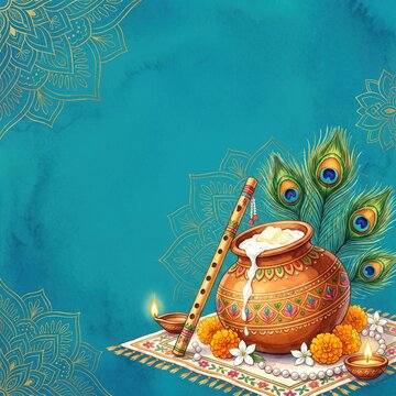 Traditional Janmashtami greeting background with dahi handi matki pot, flute, peacock feathers, and glowing diya lamps on teal blue mandala surface, cultural celebration banner festive.