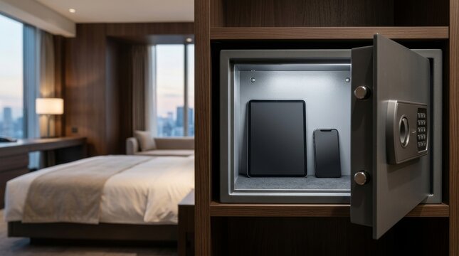 Cybersecurity Protection for Everyday Digital Life Hotel room interior with bed and open electronic safe containing a tablet and smartphone.