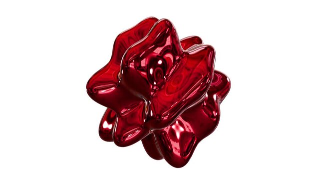 Morphing red liquid blob isolated on white, shape-shifting chrome metal object with high gloss reflection, 4k computer graphic seamless animation.
