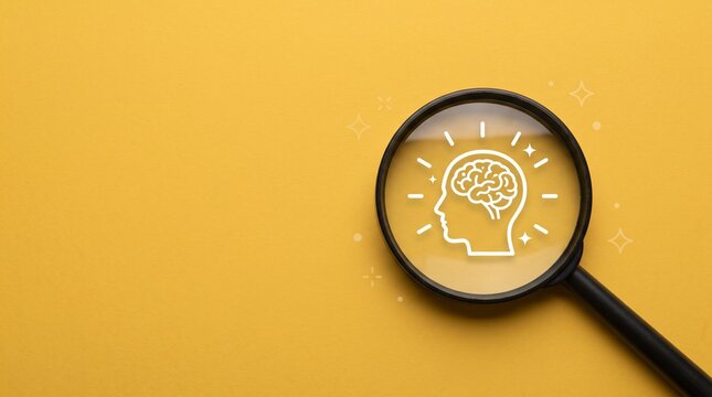 Magnifying glass focused on glowing human head icon representing creative intelligence and innovative mental ideas on bright yellow studio background