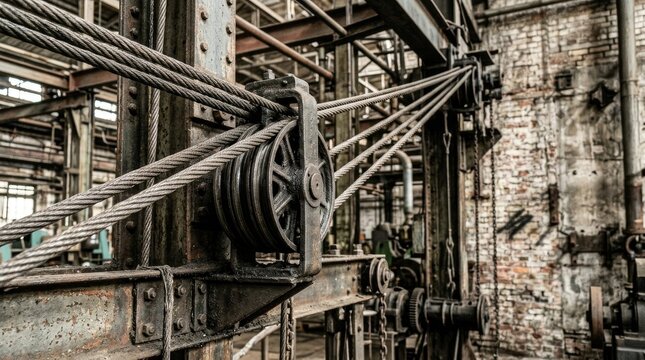 A close-up shot captures a weathered industrial structure with a complex system of cables, pulleys, and gears.