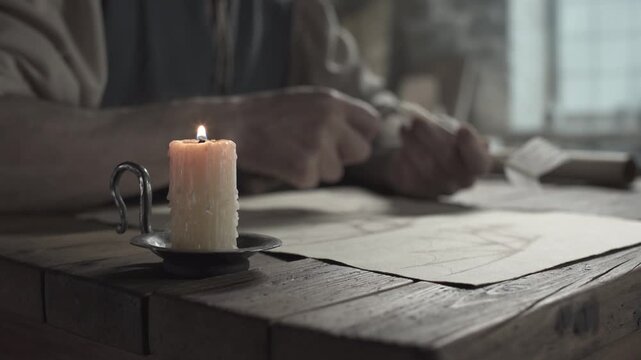 Burning candle on a rustic wooden table near a flying machine blueprint against the blurred background of a medieval inventor sharpening a quill pen, tracking shot