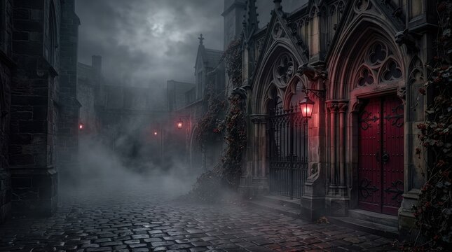 A dark, atmospheric street scene in a gothic city at night. A cobblestone street leads into the distance, flanked by imposing stone buildings with arched doorways and ornate details.