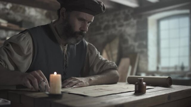 Medieval craftsman reviewing a flying machine blueprint after lettering notes, rubbing hands near a burning candle at a rough table inside a dimly lit workshop