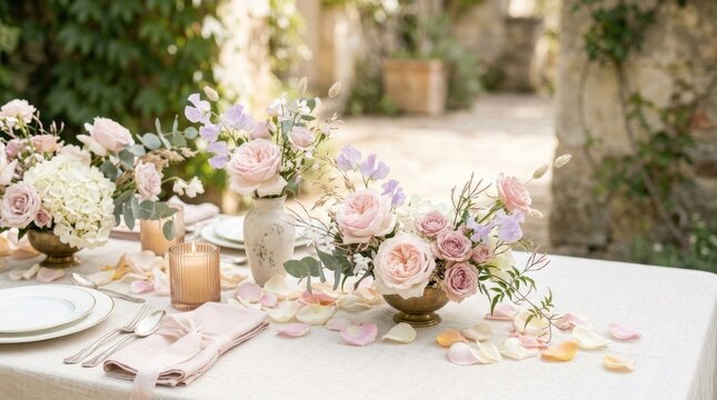 A beautifully arranged floral centerpiece sits on a linen-covered table outdoors.