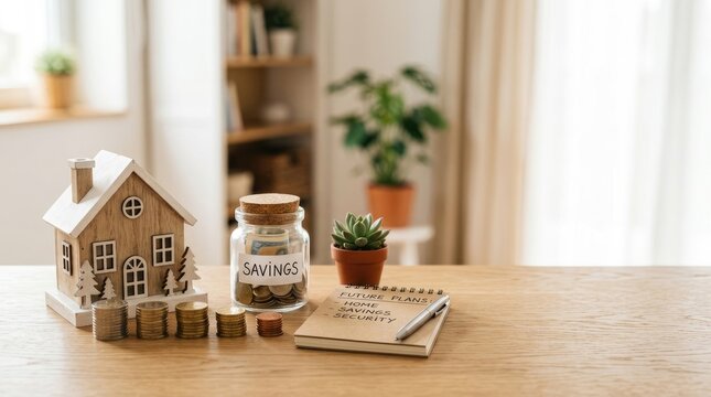 A wooden table displays a miniature house, a glass jar filled with coins labeled "Savings", a stack of coins, and a notepad with handwritten notes about future savings plans and home security.