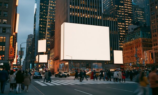 A small blank white LED billboard integrated into a tall building facade in a New York-like metropolis,