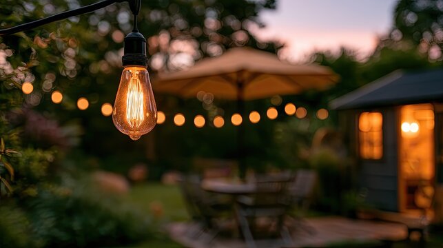 Warm evening lights illuminate a serene backyard with a shed and patio furniture