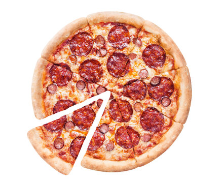 Delicious pepperoni and sausage pizza with one separated slice, isolated on transparent cutout background