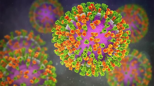 Parainfluenza viruses, 3D animation showing enveloped virions with surface glycoprotein spikes and helical nucleocapsid structure typical of Paramyxoviridae.