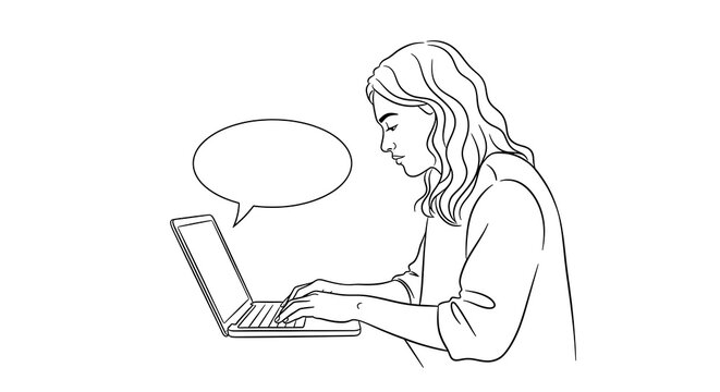 Young woman typing on laptop with empty speech bubble