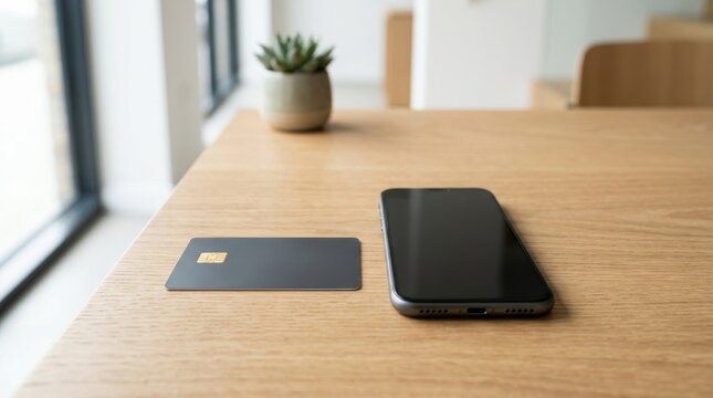 Cybersecurity Protection for Everyday Digital Life Smartphone and credit card on wooden table with potted plant in bright modern room