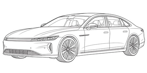 Fototapeta premium Luxury Electric Sedan Line Art, luxury electric sedan, electric sedan, luxury electric car, premium EV, electric vehicle, high end sedan, premium automobile, electric luxury vehicle, modern sedan, aut