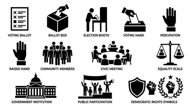 Civic engagement and voting icon set vector black political government pictograms