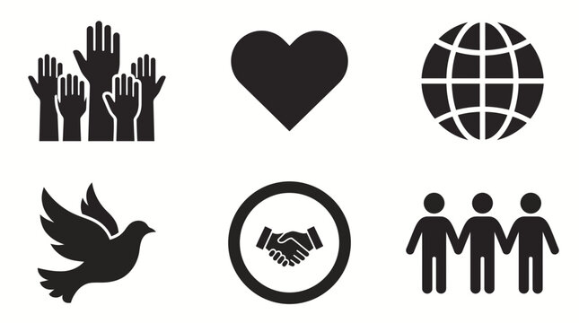 Charity and unity vector icons set featuring hands, heart, globe, peace dove, and people