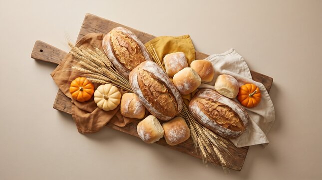 Autumnal bread and pumpkins arrangement on wooden cutting board for Thanksgiving decor Thanksgiving