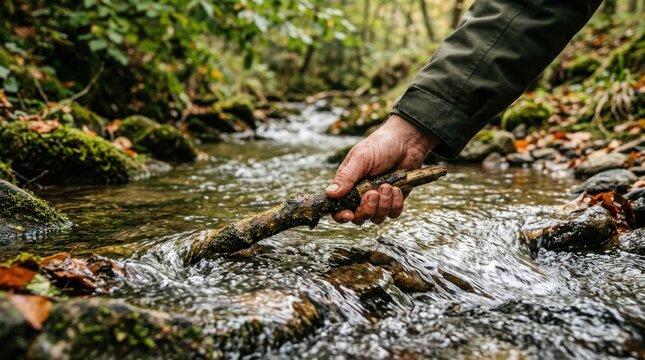 Person holding a stick while clearing branches from a stream to illustrate process optimization and environmental care