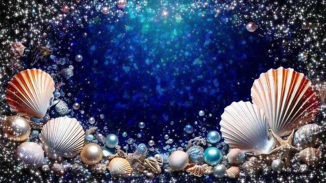 Mermaid Underwater Pearl and Seashell Sparkle Frame Animation with Copy Space | Fantasy Ocean Title Background