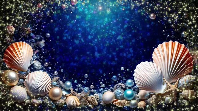 人魚姫の幻想的な海中パール＆貝殻キラキラフレーム｜テキストスペース付きファンタジーオープニング