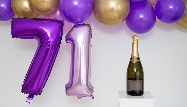 Number 71 Balloon with Champagne Bottle. Purple and Gold Theme for Birthday or Anniversary Celebration