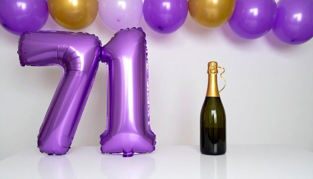 Number 71 Balloon with Champagne Bottle. Purple and Gold Theme for Birthday or Anniversary Celebration