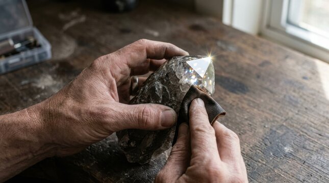 A man's hands gently holding a diamond while polishing the rough crystal to reveal its true value