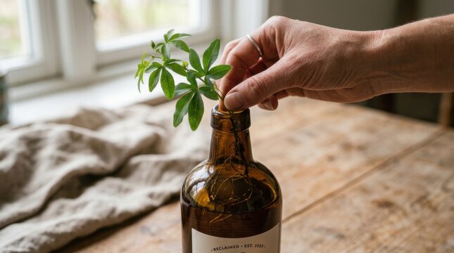 Person holding a plant in a bottle illustrating the circular economy and the innovative methods of waste reduction in business