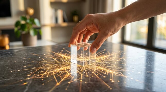 A hand lighting a sparkle with an acrylic cube representing innovative future value concepts and ideas