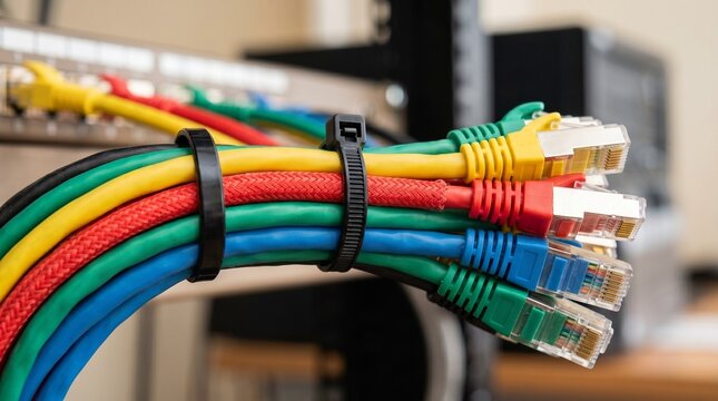 Colorful ethernet network cable bundle macro connection rj45 internet