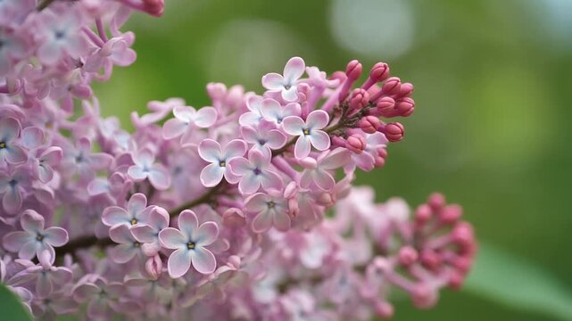 A close-up shot of blooming pink lilac flowers with soft green bokeh background.