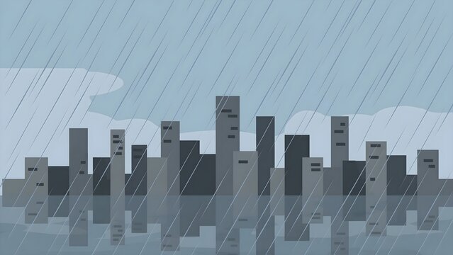 Flat Cityscape of Rainy City with Puddle Reflections, Falling Raindrops, Dark Overcast Clouds, Minimalist Urban Buildings, and Wet Vector Skyline