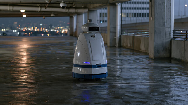 Security patrol robot moves along rain-soaked empty parking structure at night, sensor array sweeping dark corners, LED indicator lights reflecting off wet concrete floor,