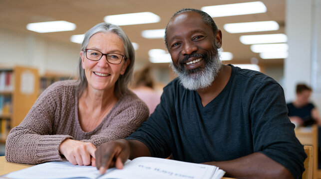 Literacy tutoring volunteer seated beside an adult learner at a library table under fluorescent lighting, pointing to a sentence in a workbook, one-on-one reading instruction,