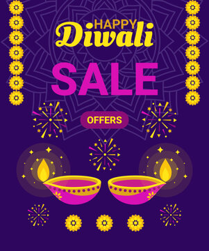 Happy Diwali sale banner with traditional diya oil lamps, marigold flowers, fireworks, and mandala pattern on purple background.