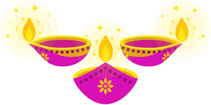 Three colorful Diwali diya oil lamps isolated on white background. Traditional glowing deepavali lamps for festival of lights celebration design. Indian holiday decoration.