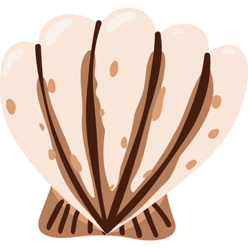 Cute beige seashell isolated on white background. Stylized cartoon scallop shell for summer beach and ocean design. Vector illustration