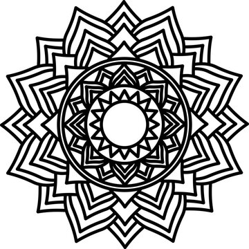Diwali rangoli floral mandala pattern isolated on white background. Black line art circular ornament for coloring books. Indian festival decoration, and henna design.