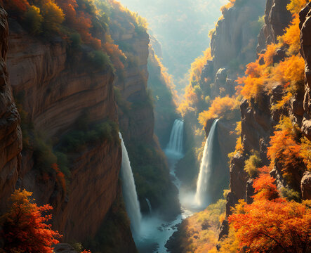 Canyon spectaculaire orn&eacute; de deux cascades majestueuses se jetant dans une gorge profonde, entour&eacute; d'une v&eacute;g&eacute;tation automnale flamboyante aux couleurs vives et chaudes