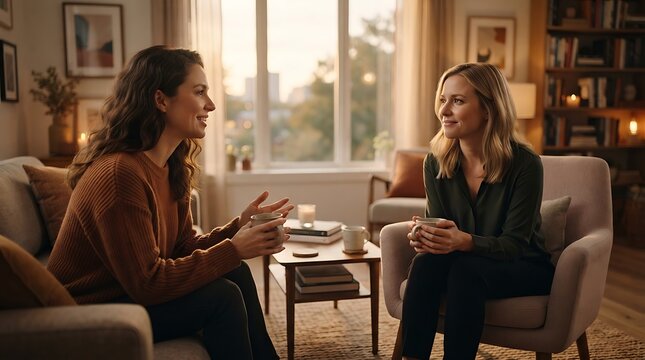Two female friends sharing a deep conversation at home in living room