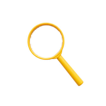 Single yellow plastic magnifying glass isolated on white background.