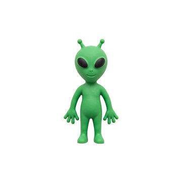 Small green alien toy figure with big black eyes on white background.